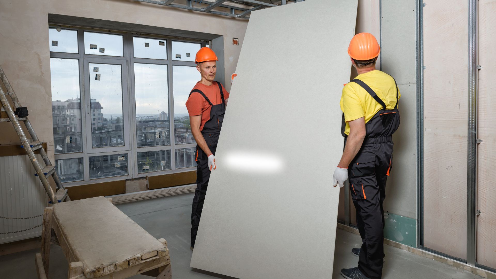 two men installing a drywall